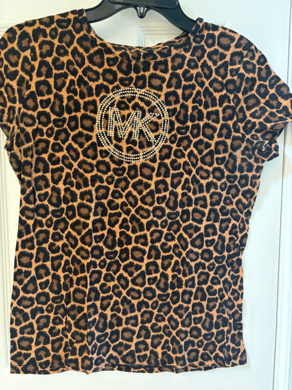 Michael Kors Brown and Black Leopard Print Tee with Rhinestone MK